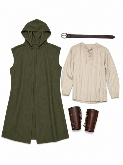 Medieval Fantasy Role Play Costume Set, 2-Piece Olive Green Hooded Sleeveless