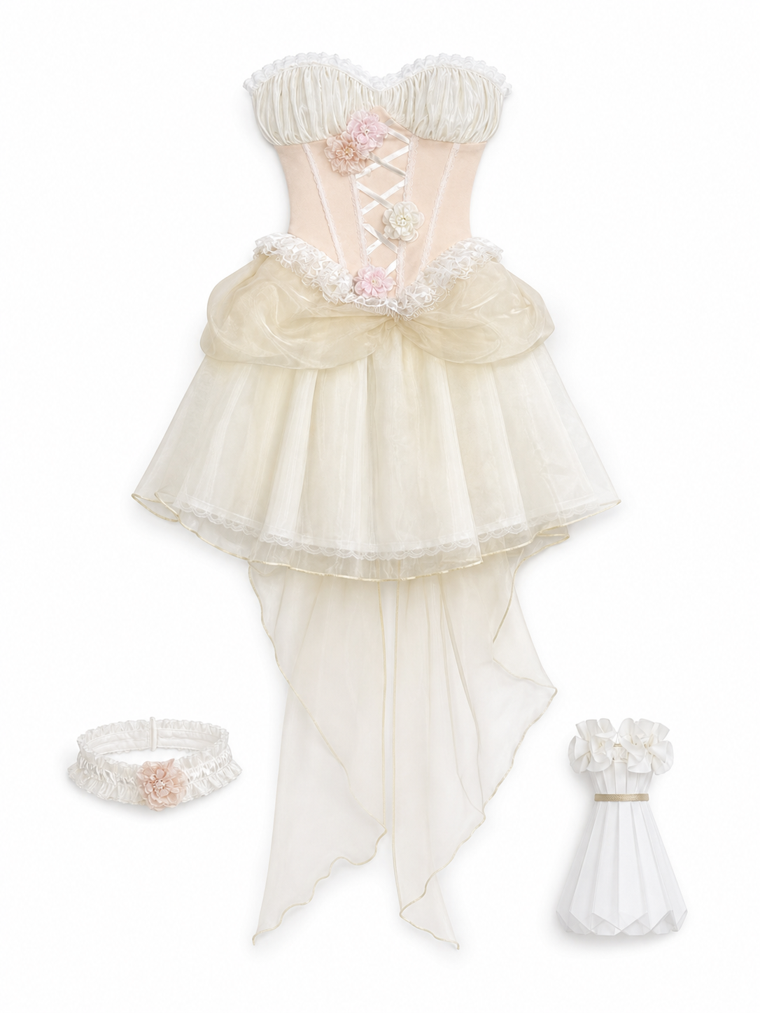 Carnival Dress with Corset, Flowers, and Train included items