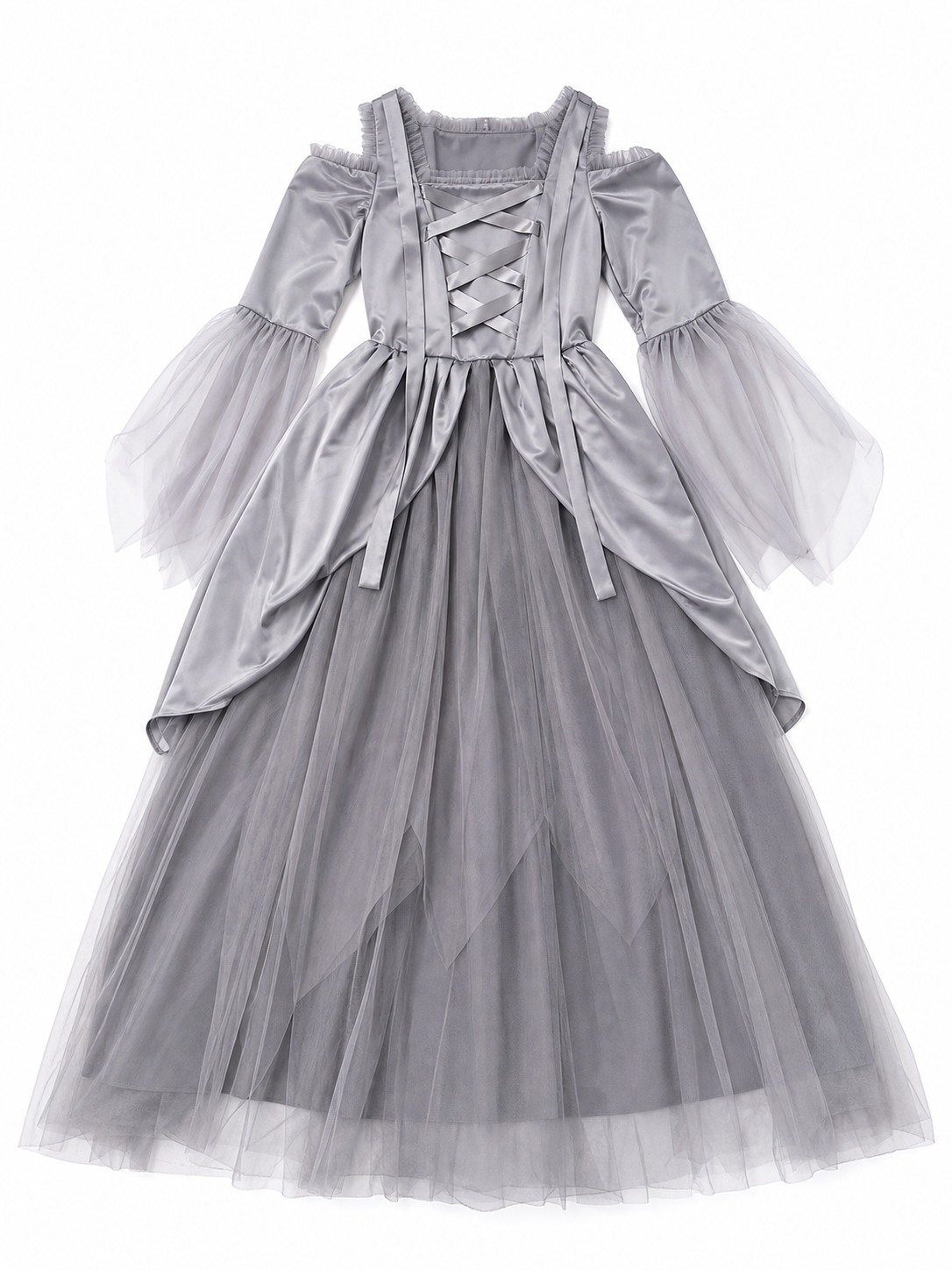 Gray cloak dress with sleeves and crisscross lacing
