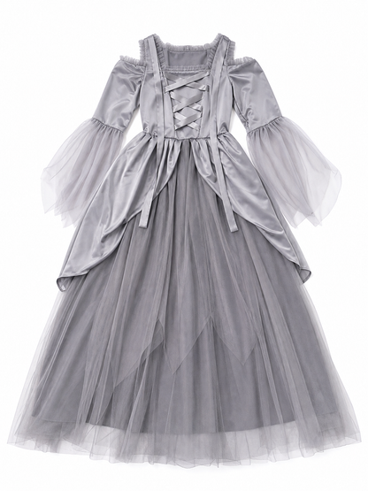 Gray cloak dress with sleeves and crisscross lacing
