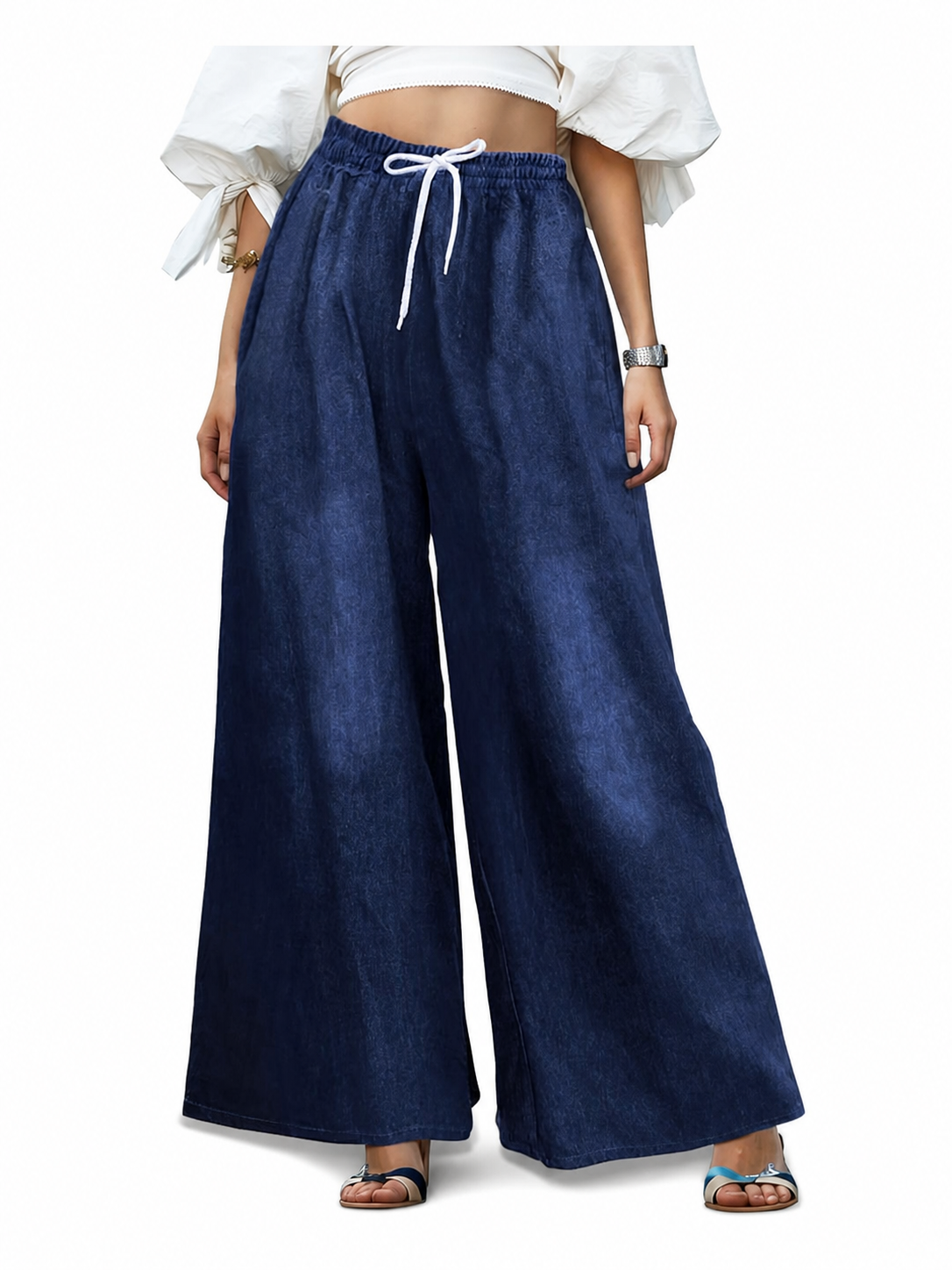 Dark Blue Palazzo Pants with an Elastic Waistband and White Drawstring included items