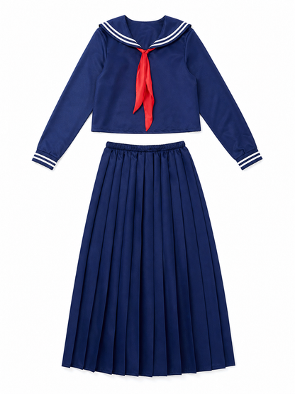 Sailor-style costume with a long pleated skirt