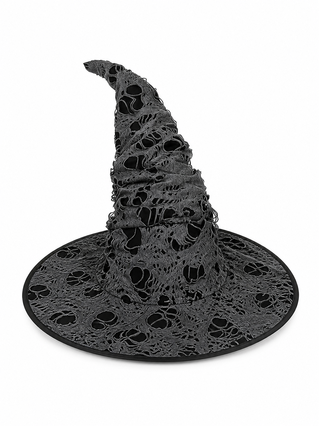 Gray Black Halloween Witch Hat For Women Wide Brim Curved Pointed Tattered Torn included items 2