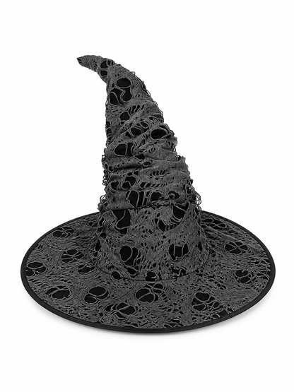 Gray Black Halloween Witch Hat For Women Wide Brim Curved Pointed Tattered Torn included items 2