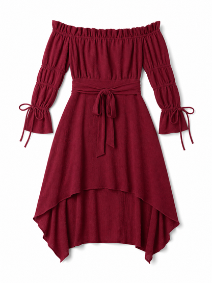 Burgundy Asymmetrical Off-the-Shoulder Dress