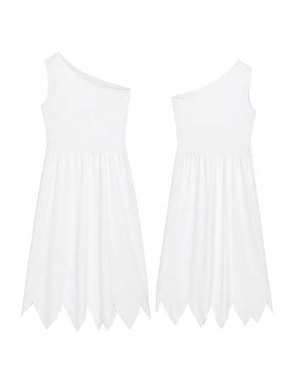 Women's White Cavewoman Costume Dress: One-Shoulder Asymmetric Neckline included items 7
