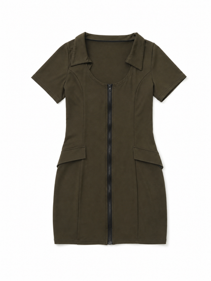 Military-Style Mini Dress with Zipper and Pockets