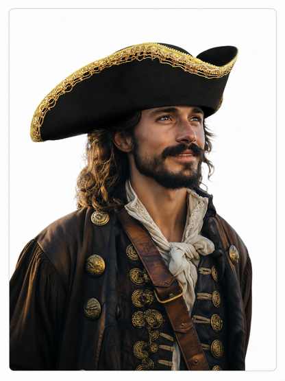 Black tricorn hat with gold trim product view 34