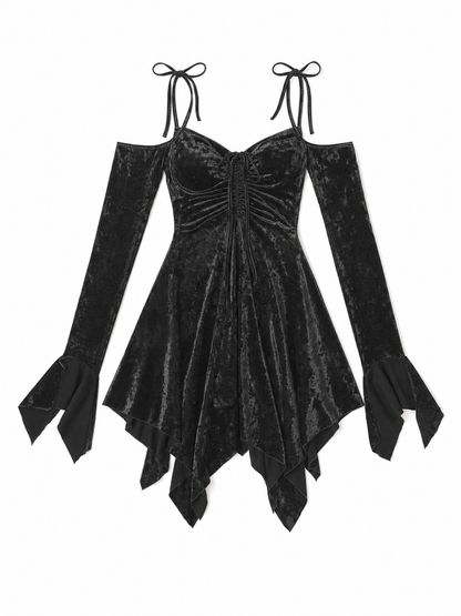 Black Mini Dress with Asymmetrical Handkerchief Hem and Sleeves
