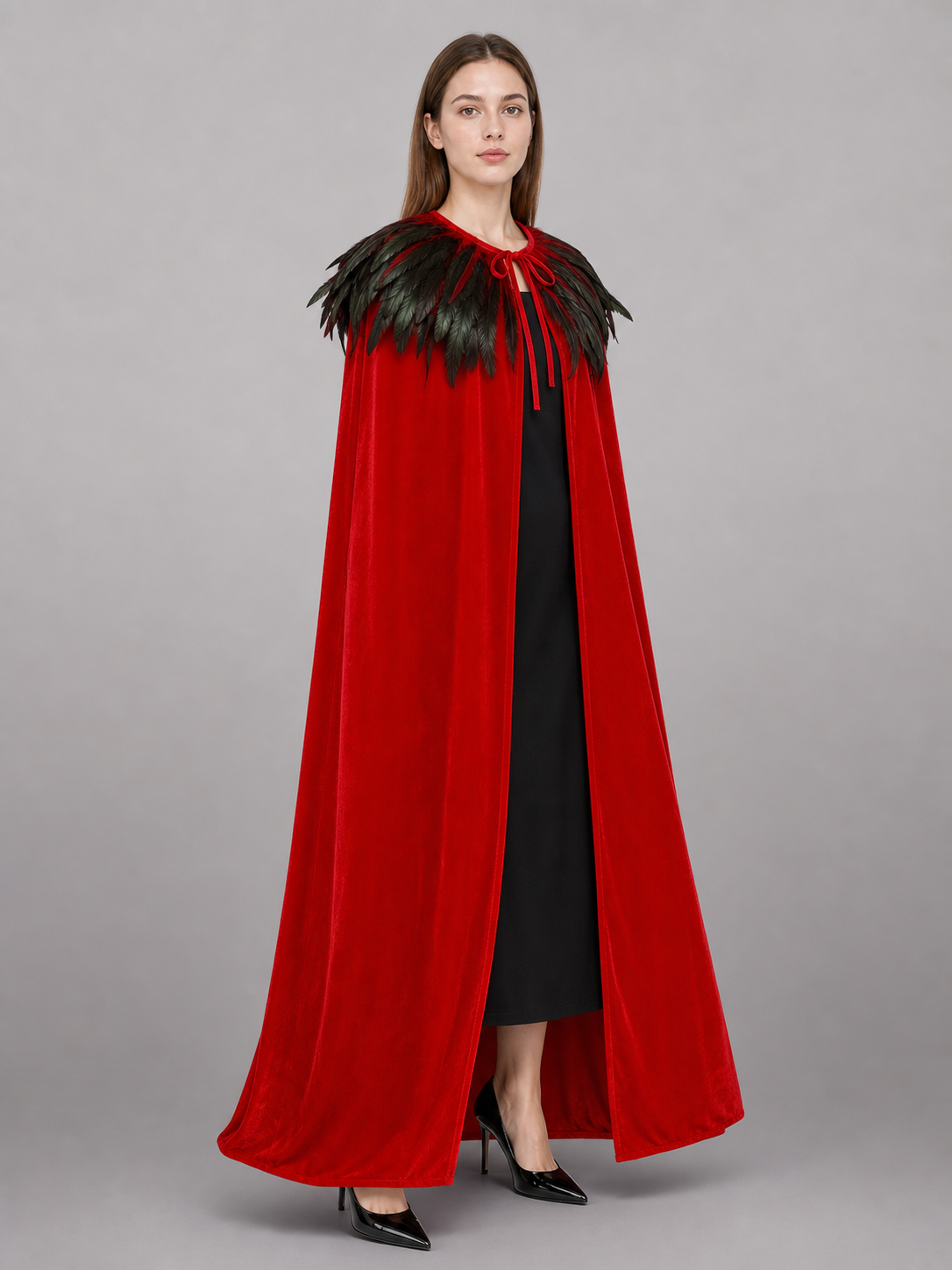 Red Velvet Cape with Feather Trim
