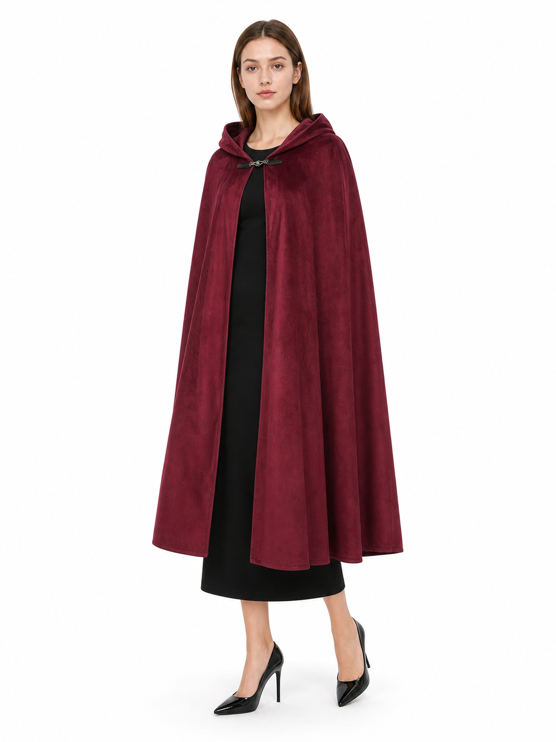 Long burgundy carnival cloak with hood