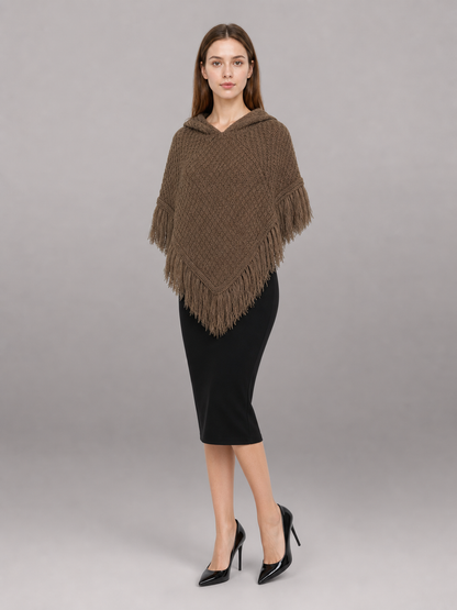 Adult Brown Hooded Triangle Cape with Long Fringe Trim, Diamond Texture, Ring Buckle Belt and Black Lining