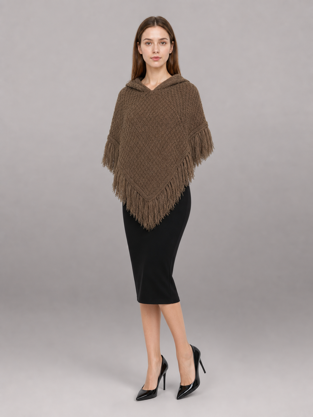 Triangle Hooded Cape with Fringe, Brown