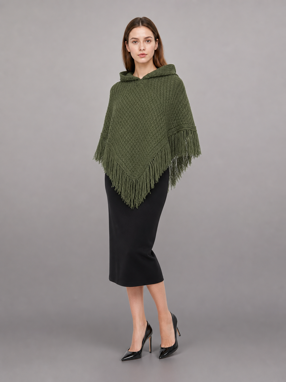 Triangular Hooded Poncho Cape with Belt