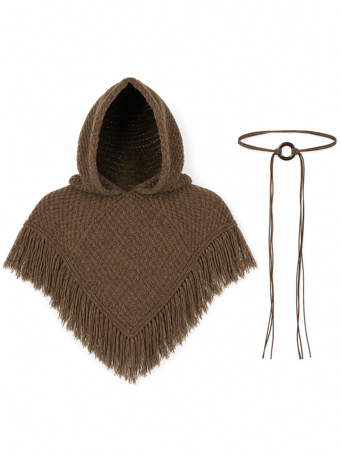 Triangle Hooded Cape with Fringe, Brown