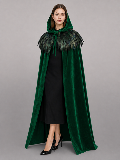 Green Hooded Velvet Feather Cape