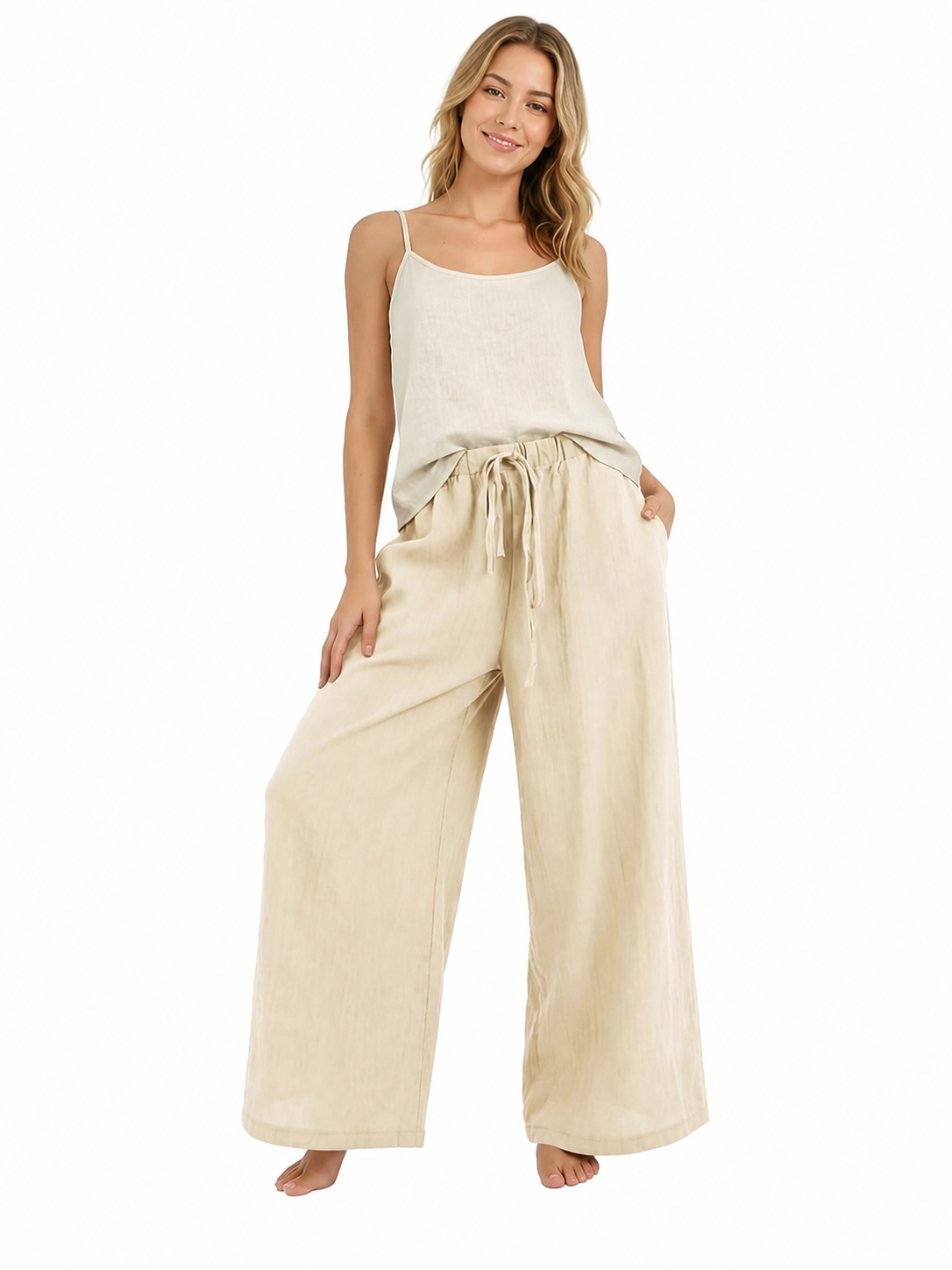 Beige Wide-Leg Pants with an Elastic Waistband and Drawstring included items