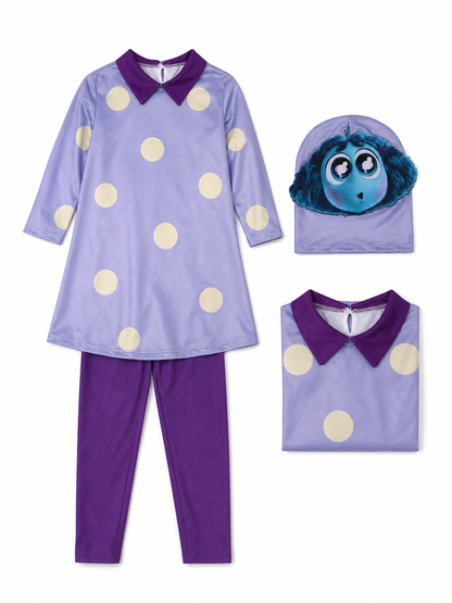 A bright costume set in the style of the character from Inside Out 2 is designed for a themed look and an eye-catching transformation. The set includes a long-sleeve tunic dress, matching leggings, and a headpiece with the character’s face 