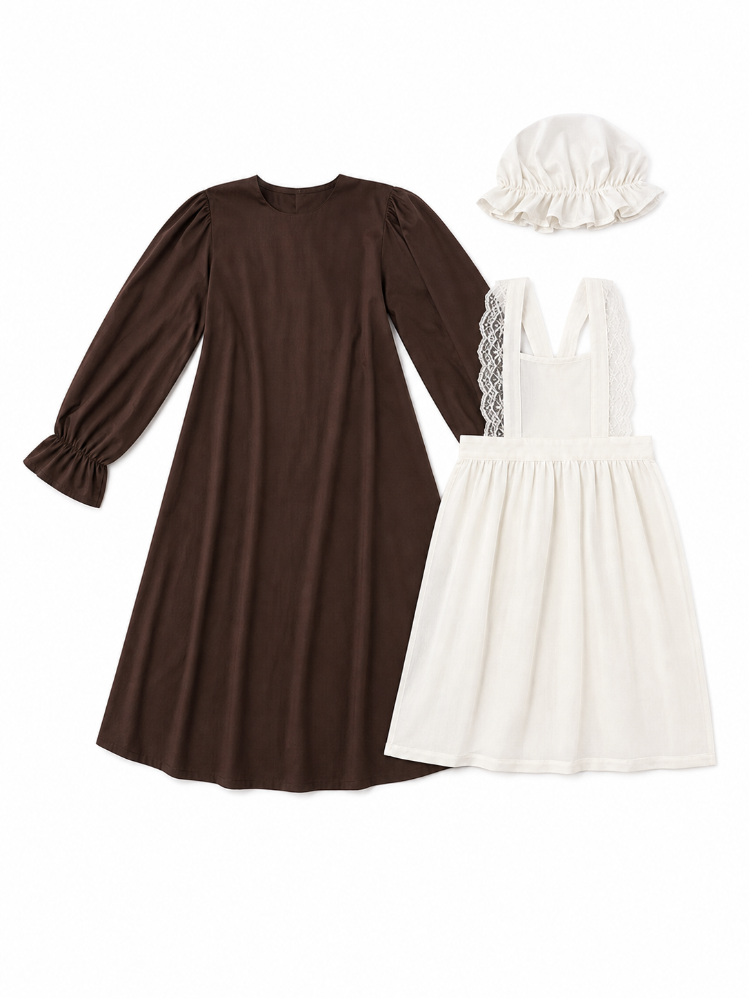 Victorian costume with dress, apron, and bonnet