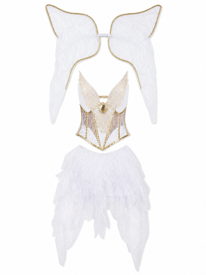 White-and-Gold Angel Costume with Wings and Halo