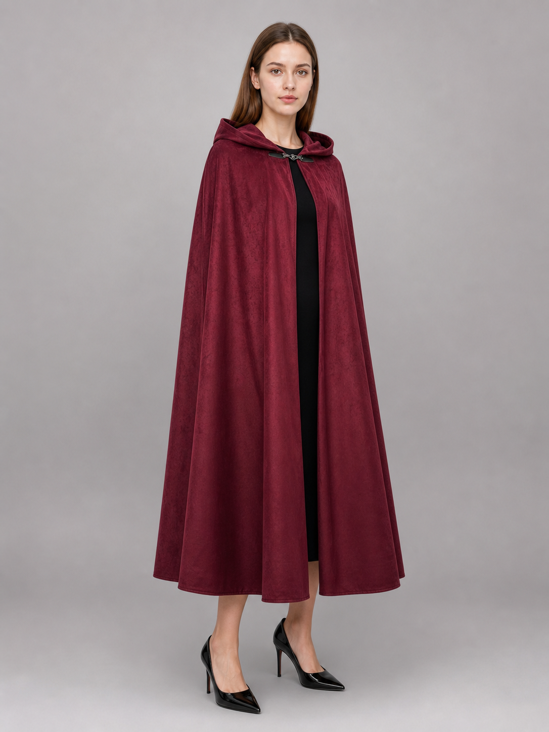 Long burgundy carnival cloak with hood