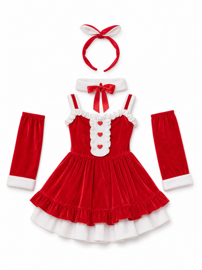 Christmas-Themed Dress with Bow and Ruffles