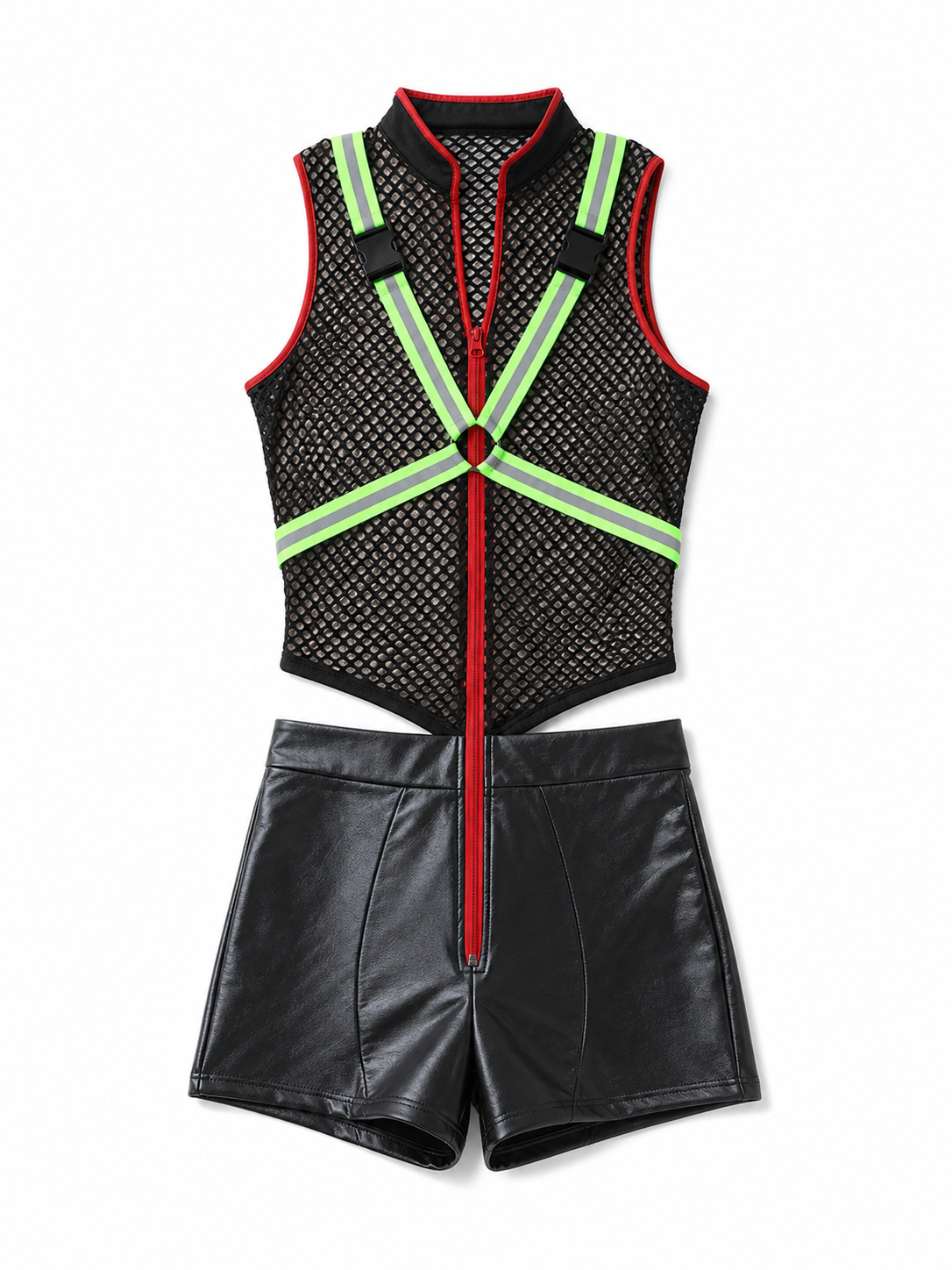This one-piece romper is designed in the style of a costume for themed parties and cosplay looks. It features a sleeveless, open design, a black mesh upper section with a noticeable texture, and black shorts on the lower section. A red zipp