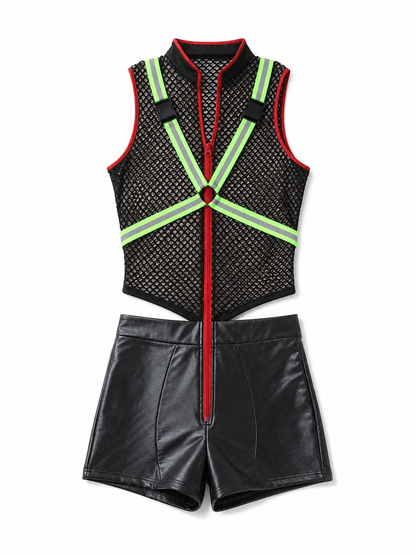 This one-piece romper is designed in the style of a costume for themed parties and cosplay looks. It features a sleeveless, open design, a black mesh upper section with a noticeable texture, and black shorts on the lower section. A red zipp