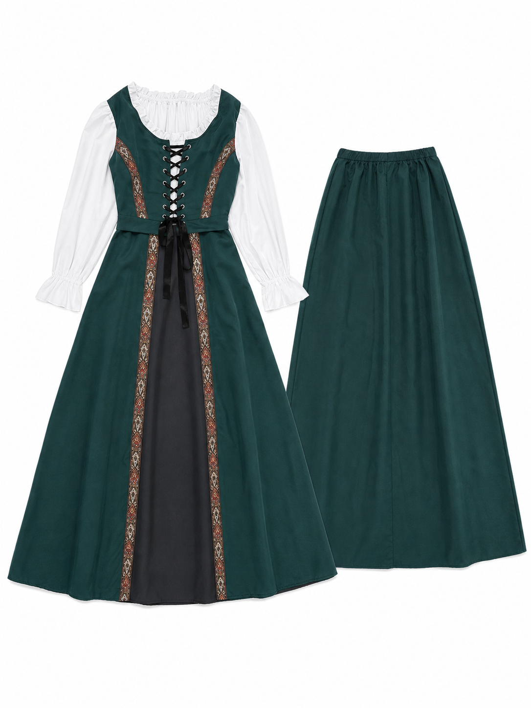 The retro dress is designed in a courtly style and comes with a woven headpiece. The dress is presented in deep green with long white sleeves, white trim along the edge of the collar and cuffs, and crisscross lacing at the front that emphas