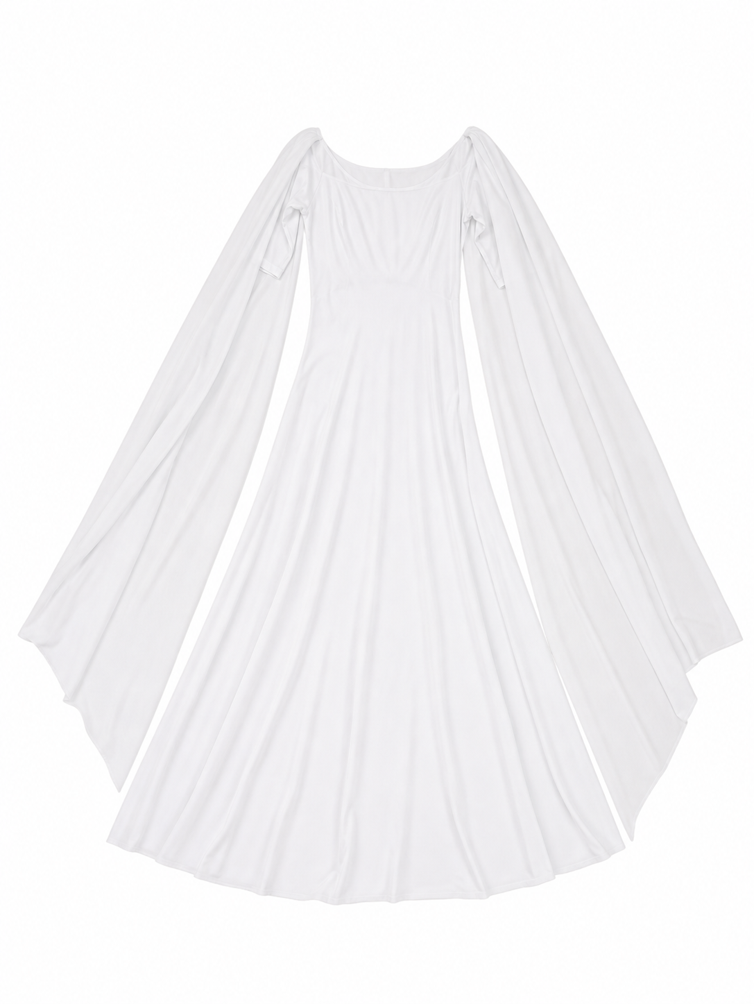 White Dress with a Square Neckline and Wide Sleeves