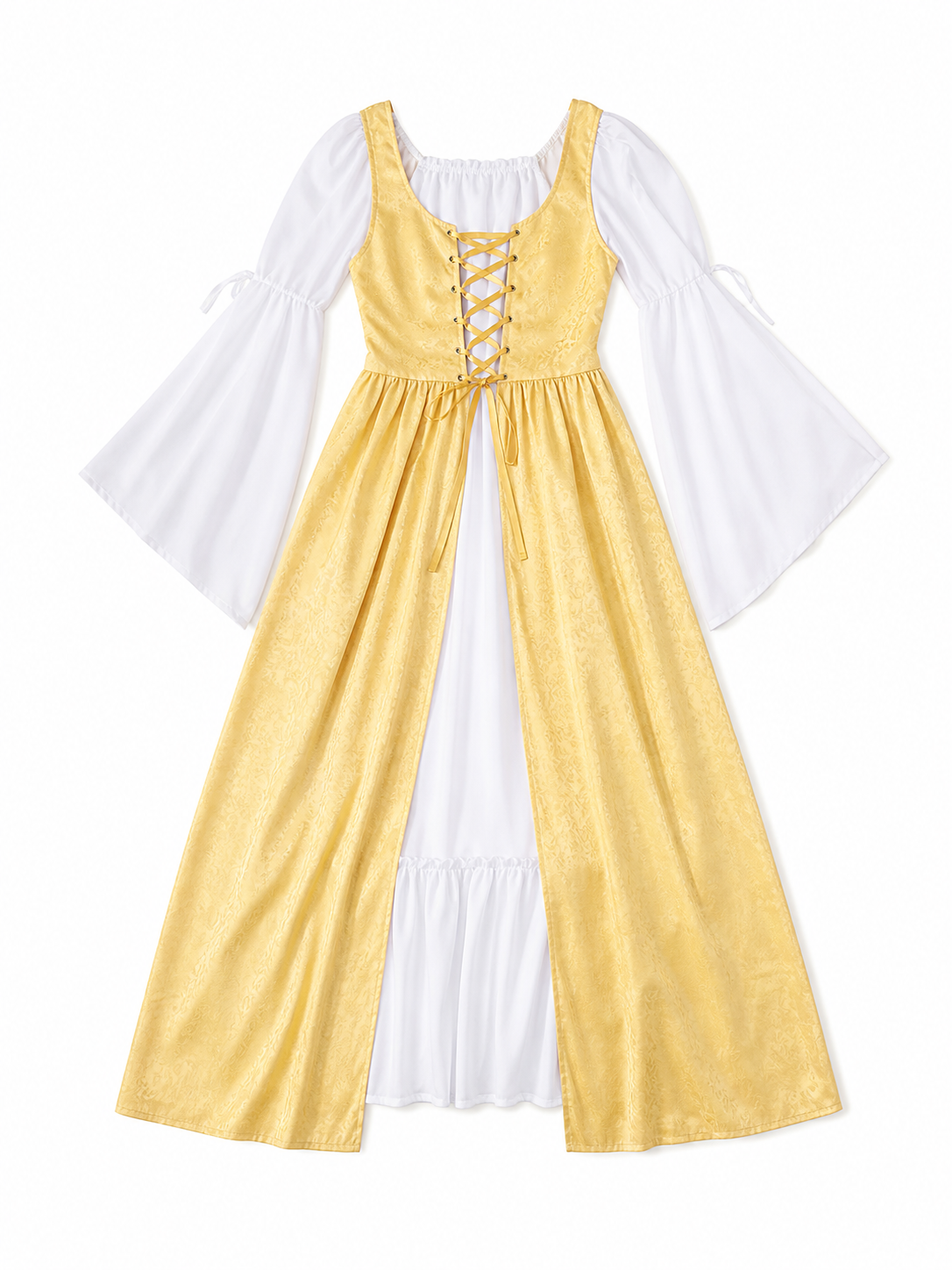 The yellow dress is designed in a fairytale costume style with distinctive