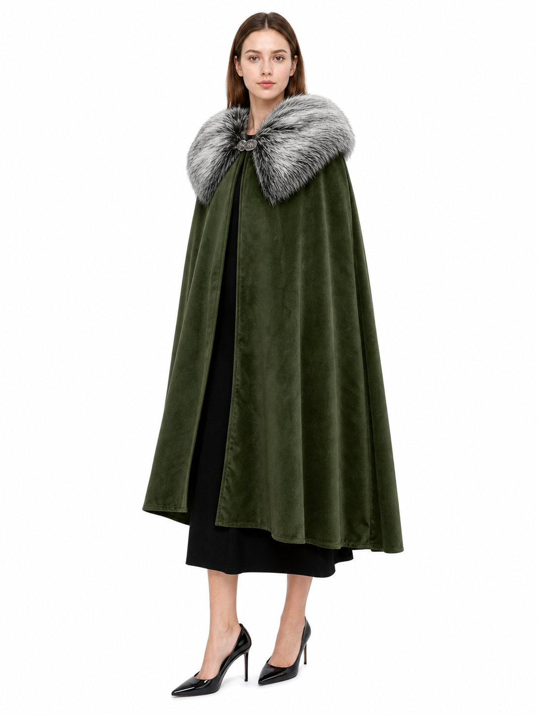 Green Carnival Cloak with Fur Collar