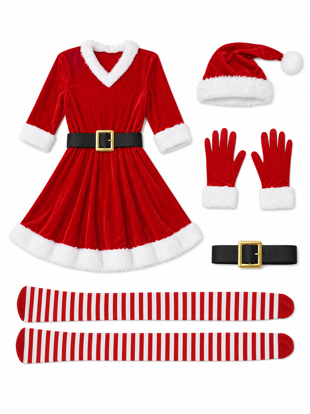 Santa Claus Costume: Dress, Hat, Belt, and Stockings