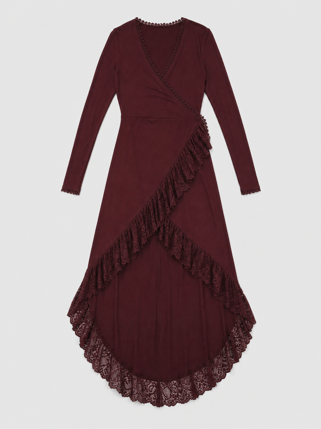 Burgundy Dress with a Deep V-Neckline and Lace Trim