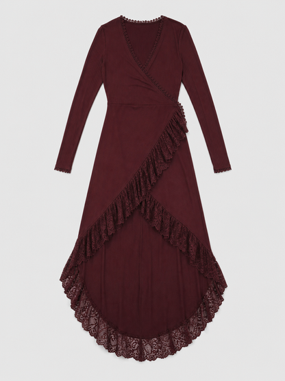 Burgundy Dress with a Deep V-Neckline and Lace Trim