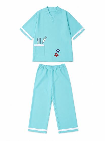 Veterinarian Medical Uniform Role-Play Costume: The set includes a short-sleeve V-neck top with a patch chest pocket and loose-fitting pants with white trim stripes along the bottom edge. The costume is light turquoise with white accents an