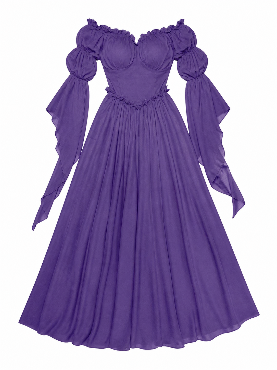 Purple off-the-shoulder dress in a historical style