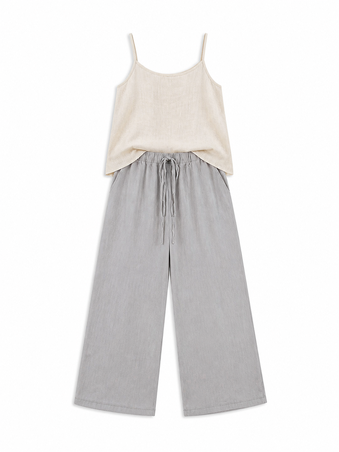 Gray wide-leg jeans with a drawstring and elastic waistband included items