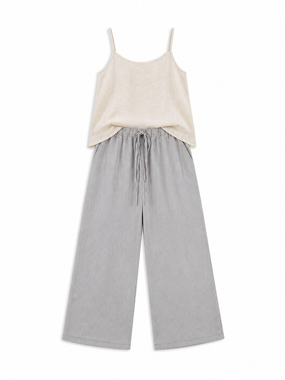 Gray wide-leg jeans with a drawstring and elastic waistband included items