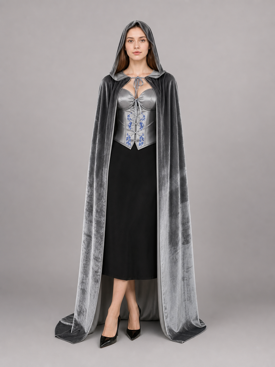Gray Hooded Long Costume Cape
