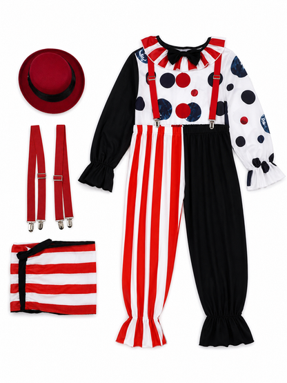 This colorful clown costume is designed for themed looks, cosplay, Halloween, costume parties, and stage performances. The set features an expressive theatrical style with a contrasting combination of white, black, and red, dark blue accent