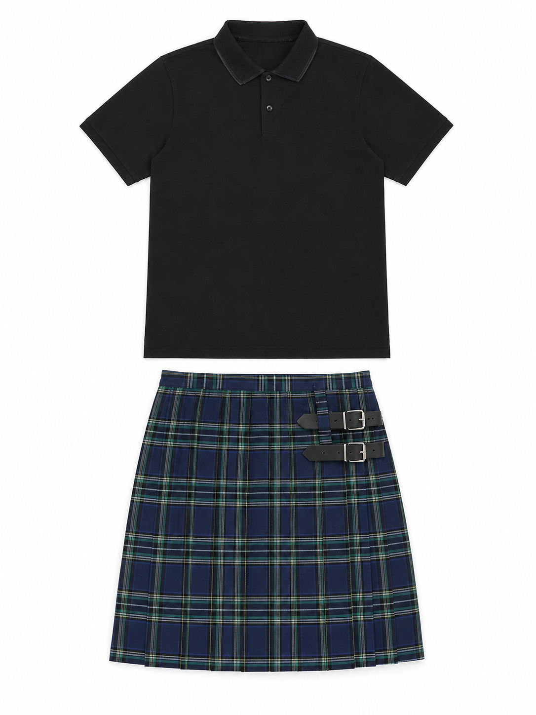 The plaid skirt is designed in a Scottish style and decorated with a crisscross pattern in blue and white, green, and black. Plaid runs across the entire surface of the garment, creating a distinctive, recognizable look. The skirt has a str