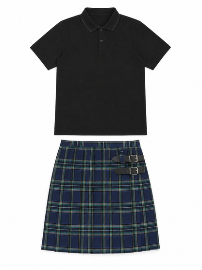 The plaid skirt is designed in a Scottish style and decorated with a crisscross pattern in blue and white, green, and black. Plaid runs across the entire surface of the garment, creating a distinctive, recognizable look. The skirt has a str