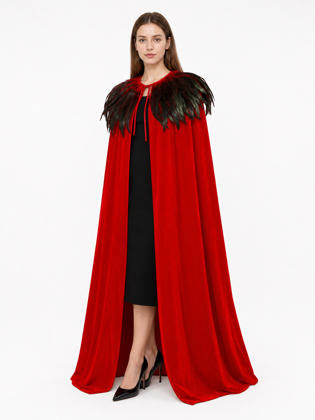 Red Velvet Cape with Feather Trim