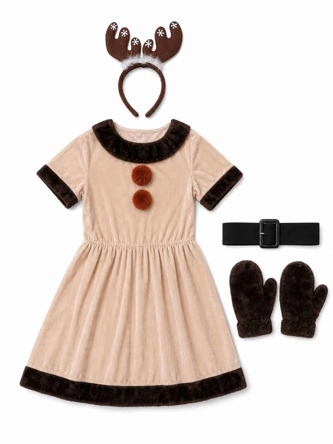 Christmas Reindeer Costume: Dress, Headband, Belt, and Gloves
