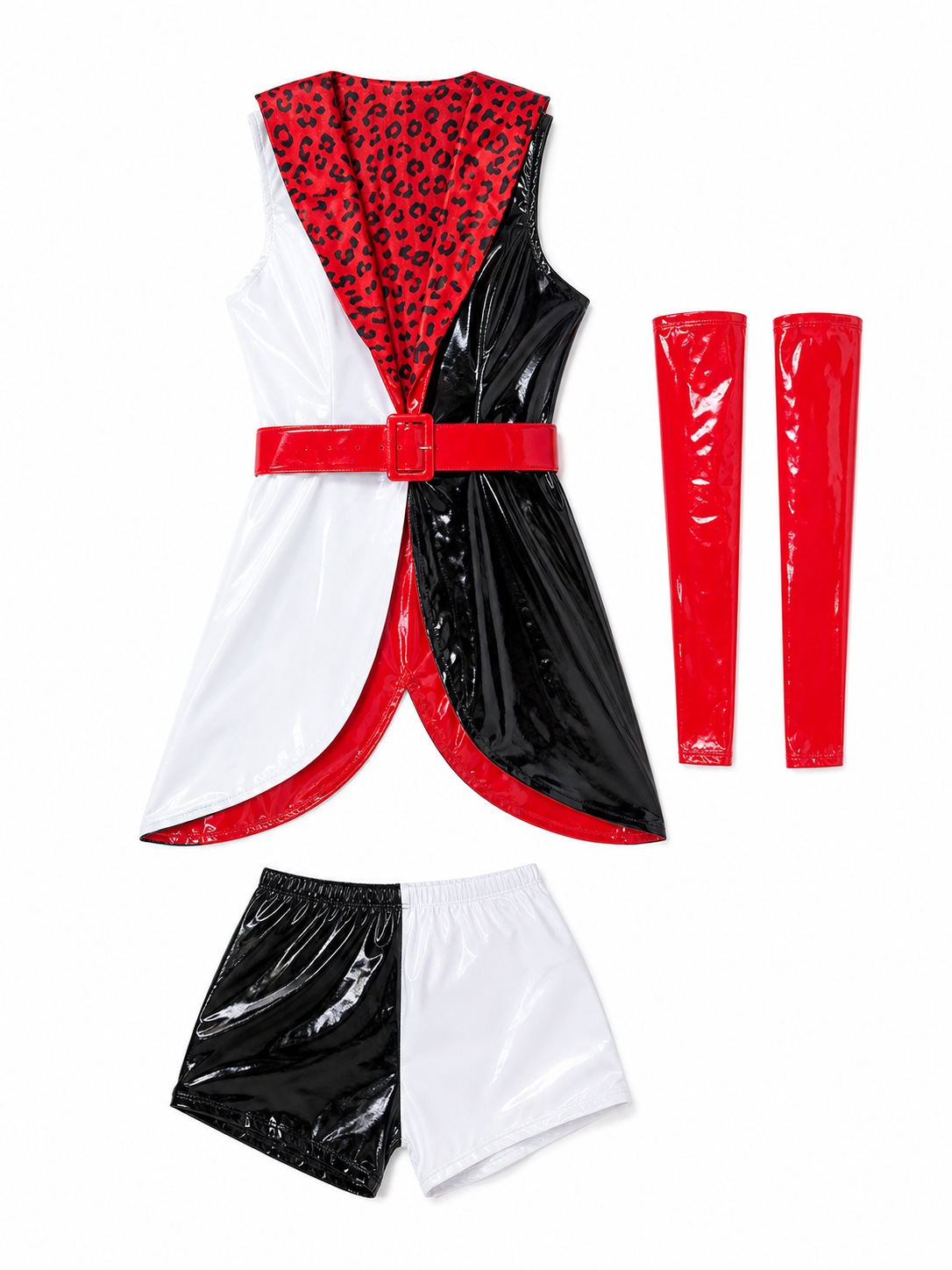 Cruella Clown Cosplay Costume, Black, White, and Red included items