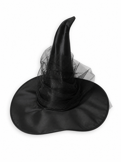 1pc Black Halloween Witch Hat Wide Brim Tall Pointed Wizard Cap with Mesh included items 2