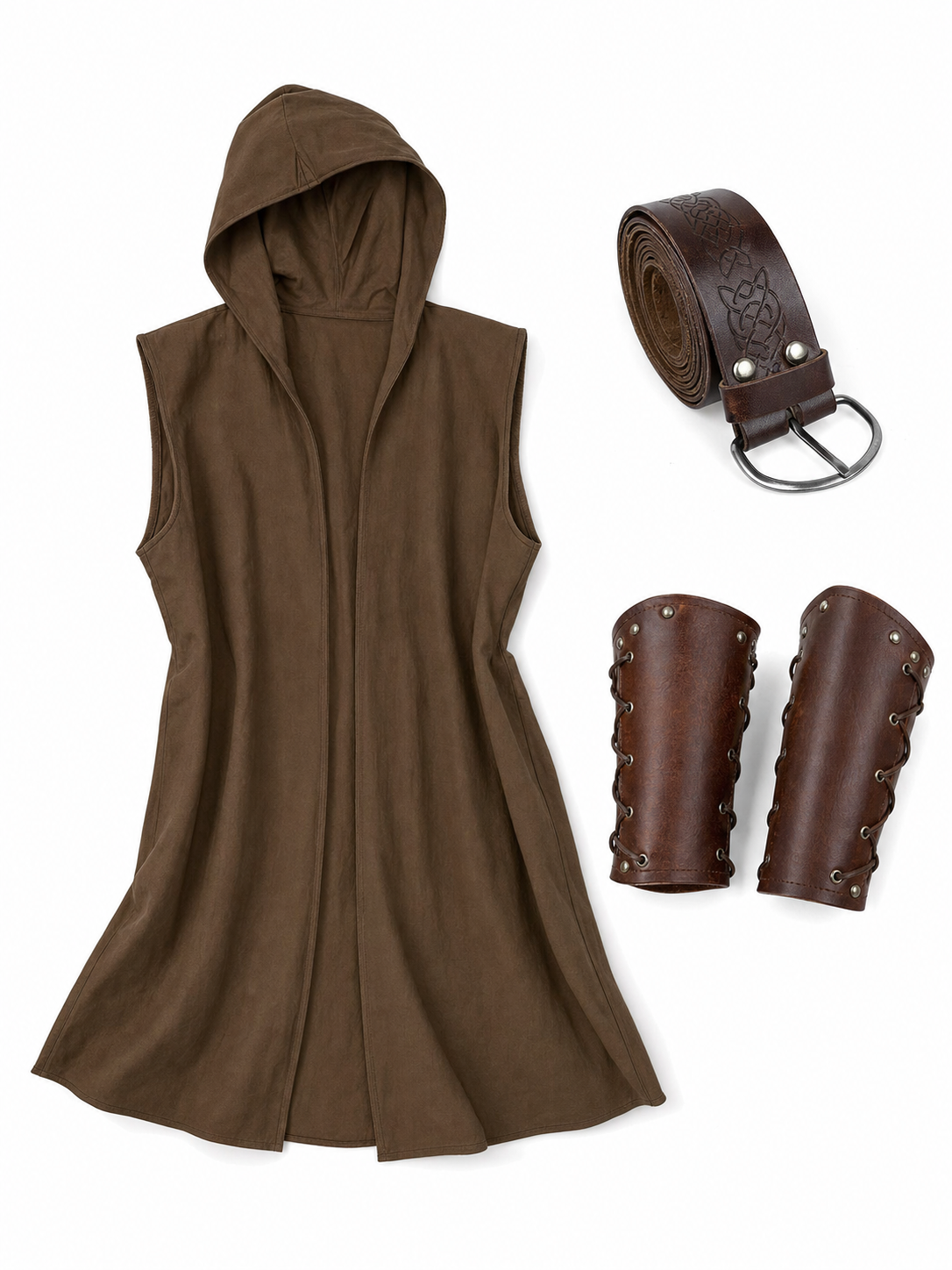 Product layout showing a brown hooded sleeveless vest, rolled dark brown belt, and pair of matching forearm bracers