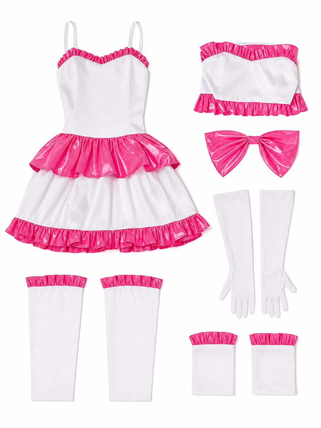 White Mima cosplay dress with pink ruffles and a bow