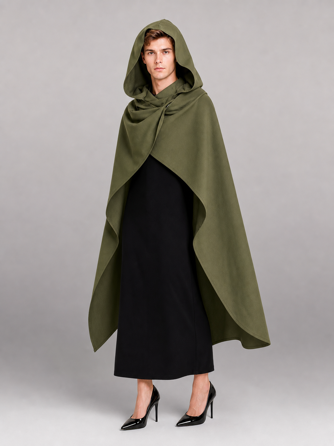 Medieval Hooded Cloak, Olive Green Full-Length Cape with Pointed Hood and Front Tie for Cosplay and Role-Playing
